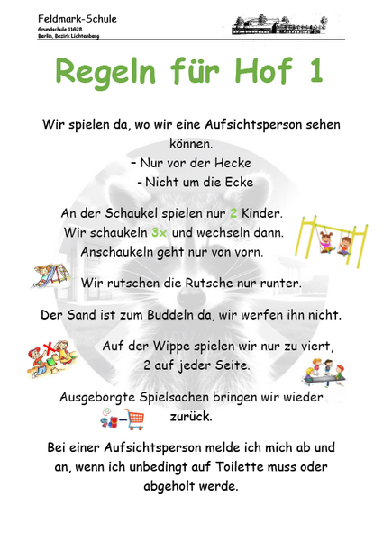 Plakat mit den Regeln für Hof 1 – der Text steht auch als PDF zum Download bereit
