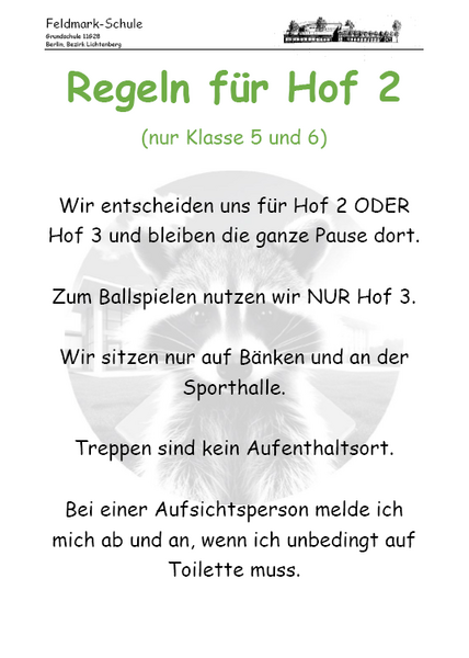 Plakat mit den Regeln für Hof 2 – der Text steht auch als PDF zum Download bereit