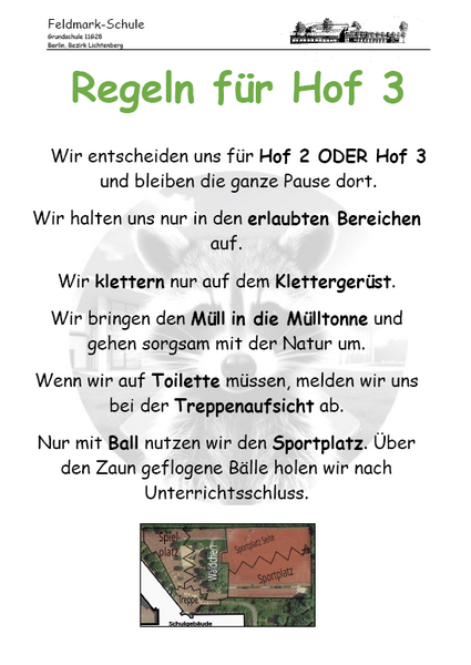 Plakat mit den Regeln für Hof 3 – der Text steht auch als PDF zum Download bereit